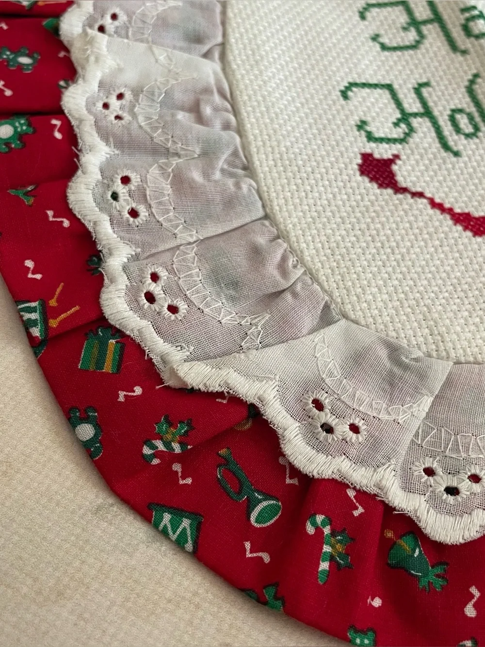 Vintage Cross Stitch Baby Bib Happy Holidays Red Green White Cottagecore Ruffle